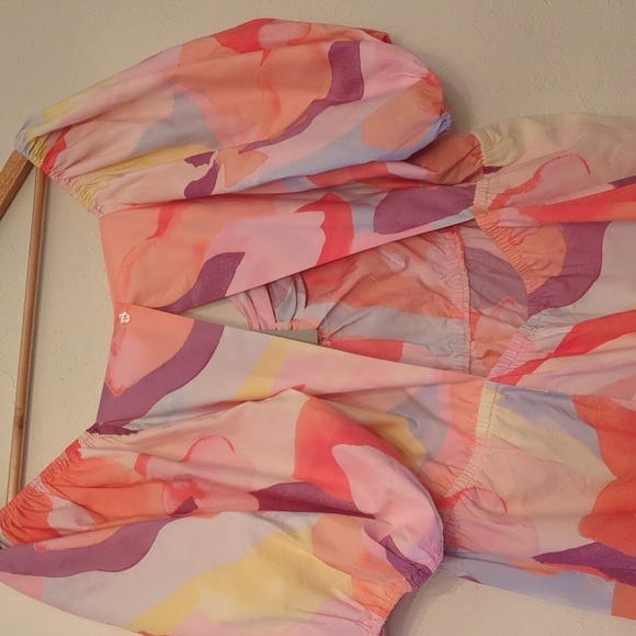 H&M Sweetheart Neckline Poplin Colorful Abstract Puff Sleeve Mini VacationDress - Picture 9 of 10